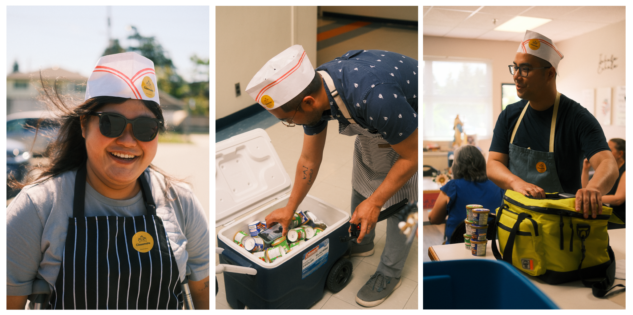 A collage of images: Classmate team members preparing to hand out ice cream from their coolers.