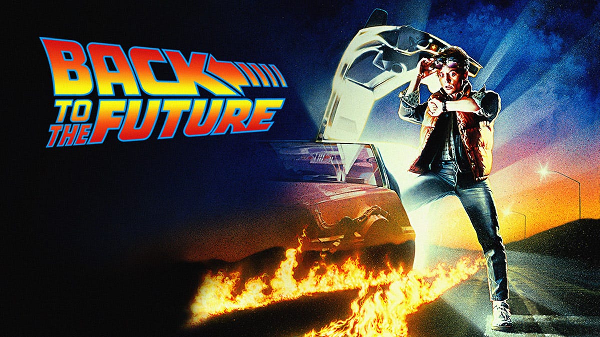 A poster for the movie, Back to the Future, where a man stands outside a futuristic car looking at his watch in disbelief.