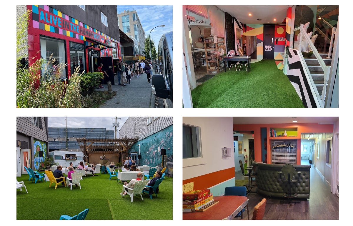 Pictures of Beaumont Studios in Vancouver showcasing colorful artwork, furniture, and an outdoor seating area.