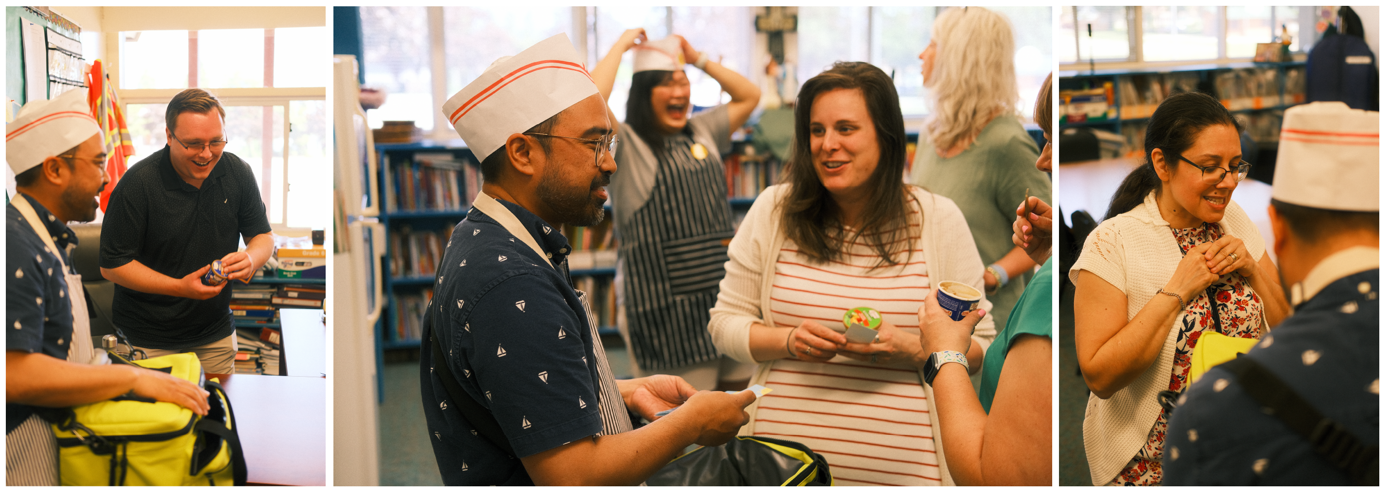 A collage of images: teachers receiving ice cream from the Classmate team.