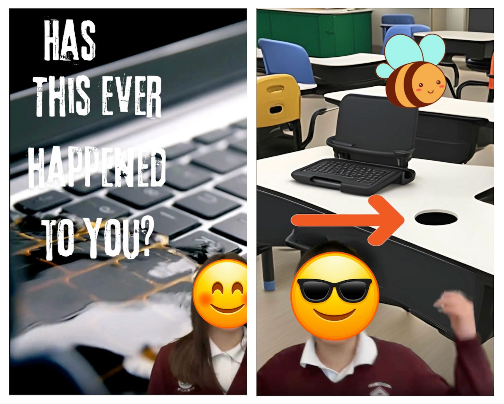 An image of a keyboard with liquid spilling on it, with headline: Has this ever happened to you? Another image of a student desk with a cupholder in it, along with a bee mascot.