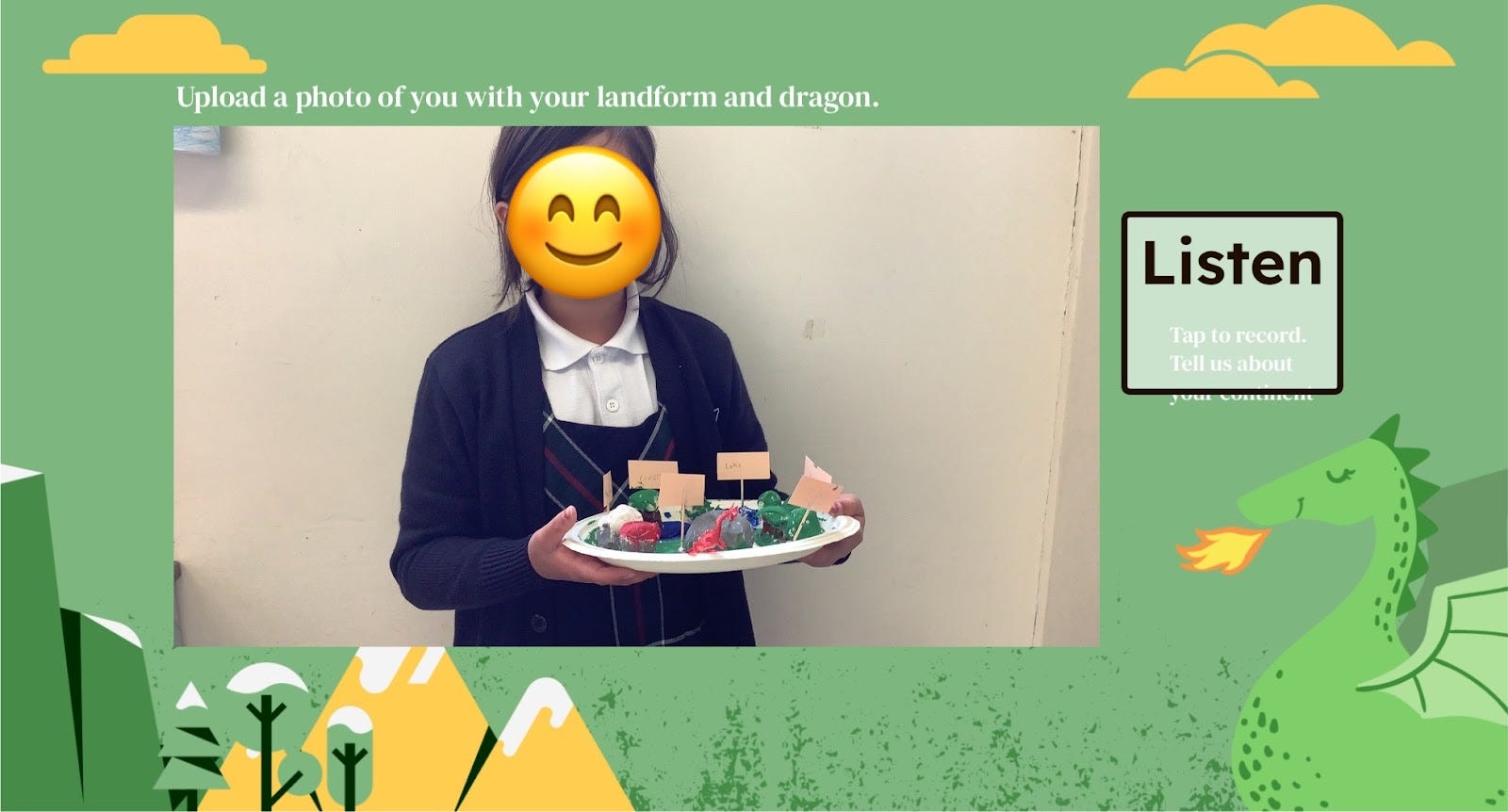 A Seesaw classroom post with a girl holding a plate full of handmade landforms.