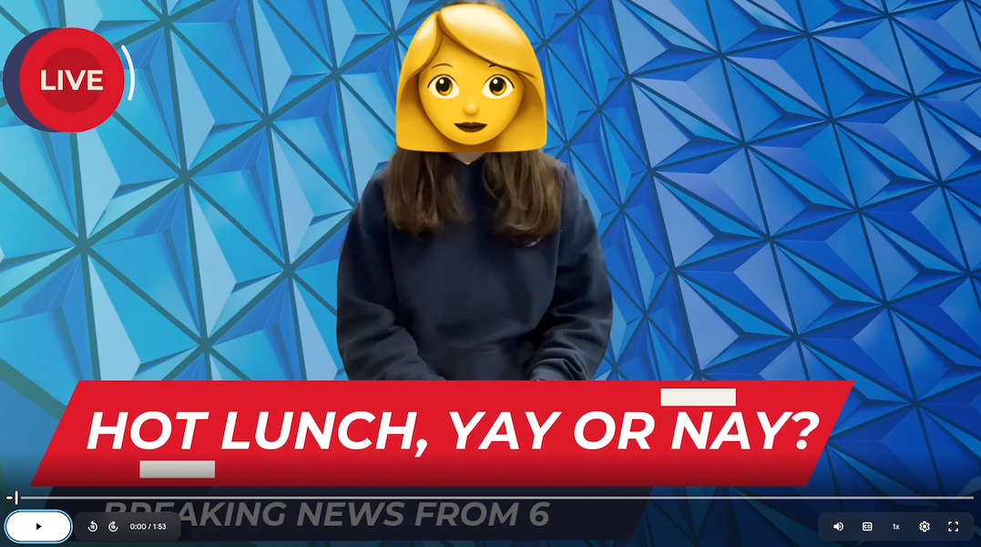A still image from a video showing a kid newscaster talking about the debate on hot lunch.